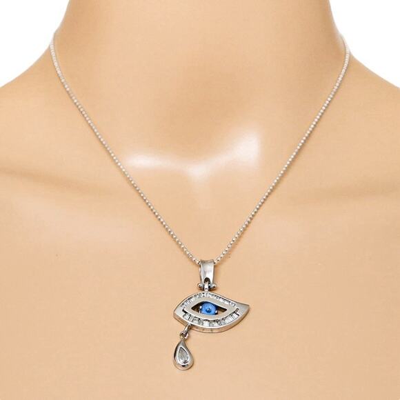 Sterling Silver Evil Eye Pendant Necklace – Enamel Iris & CZ Teardrop, 925 Chain - Picture 1 of 7